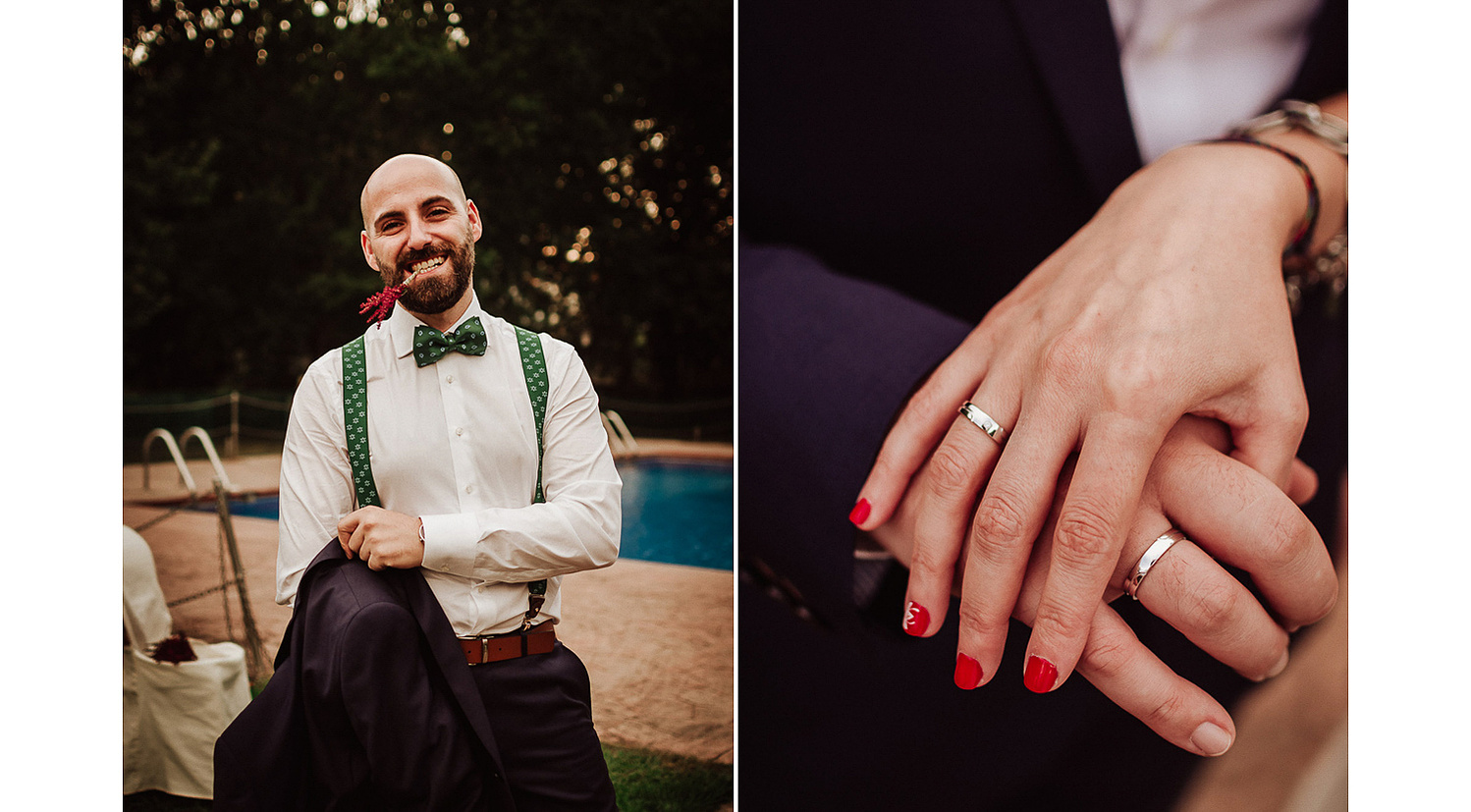 Traje de novio con tirantes y pajarita verde