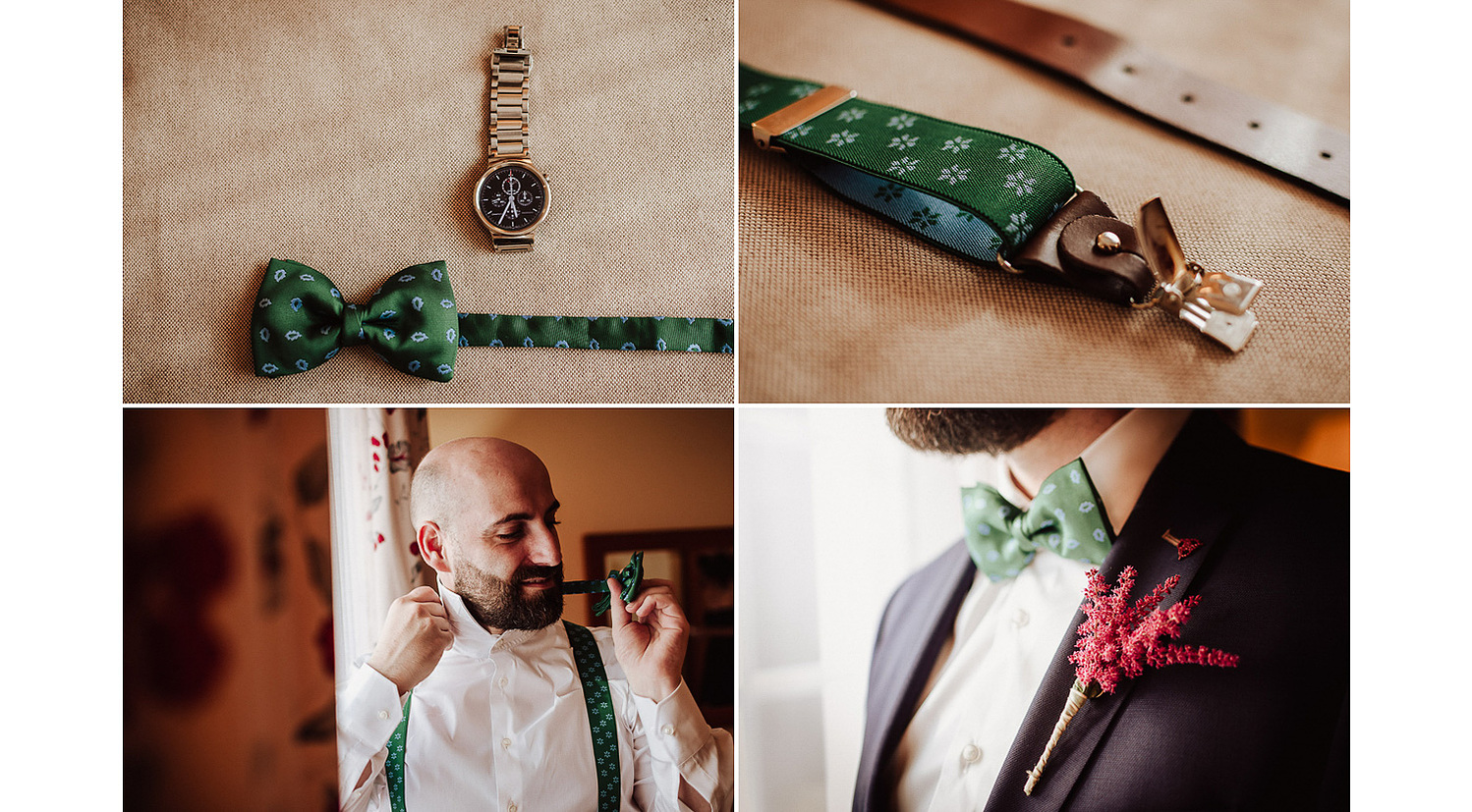 Novio se prepara en la ventana con pajarita verde y reloj dorado