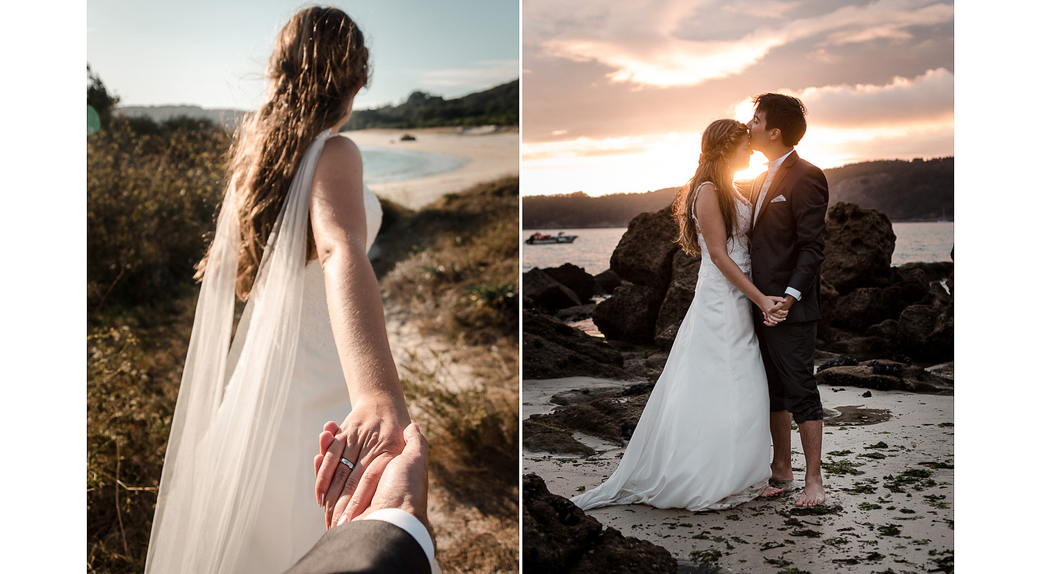 Fotografías de boda en la playa de Nerga durante la puesta de sol en Galicia con el mar de fondo