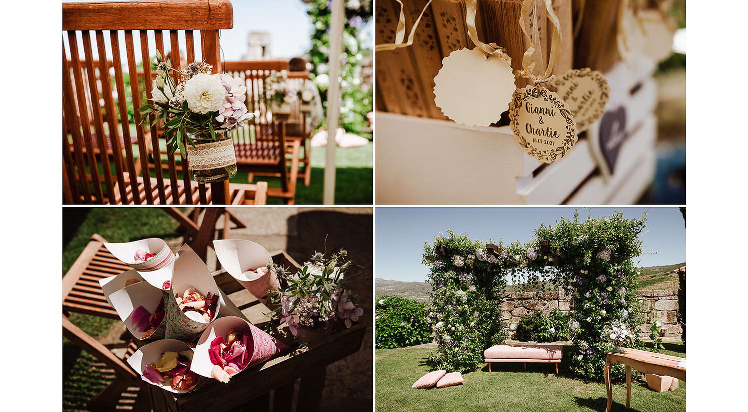 Decoración de boda de ceremonia al aire libre. Petalos, abanicos, decoración floral de sillas en Ourense