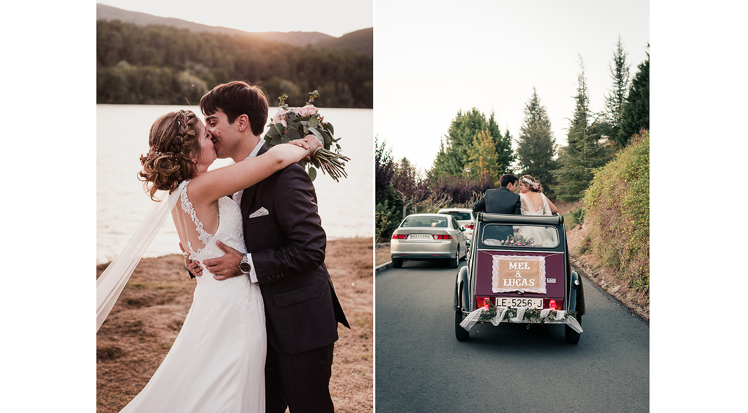 Fotografía de boda durante la puesta de sol y coche clasico con novios