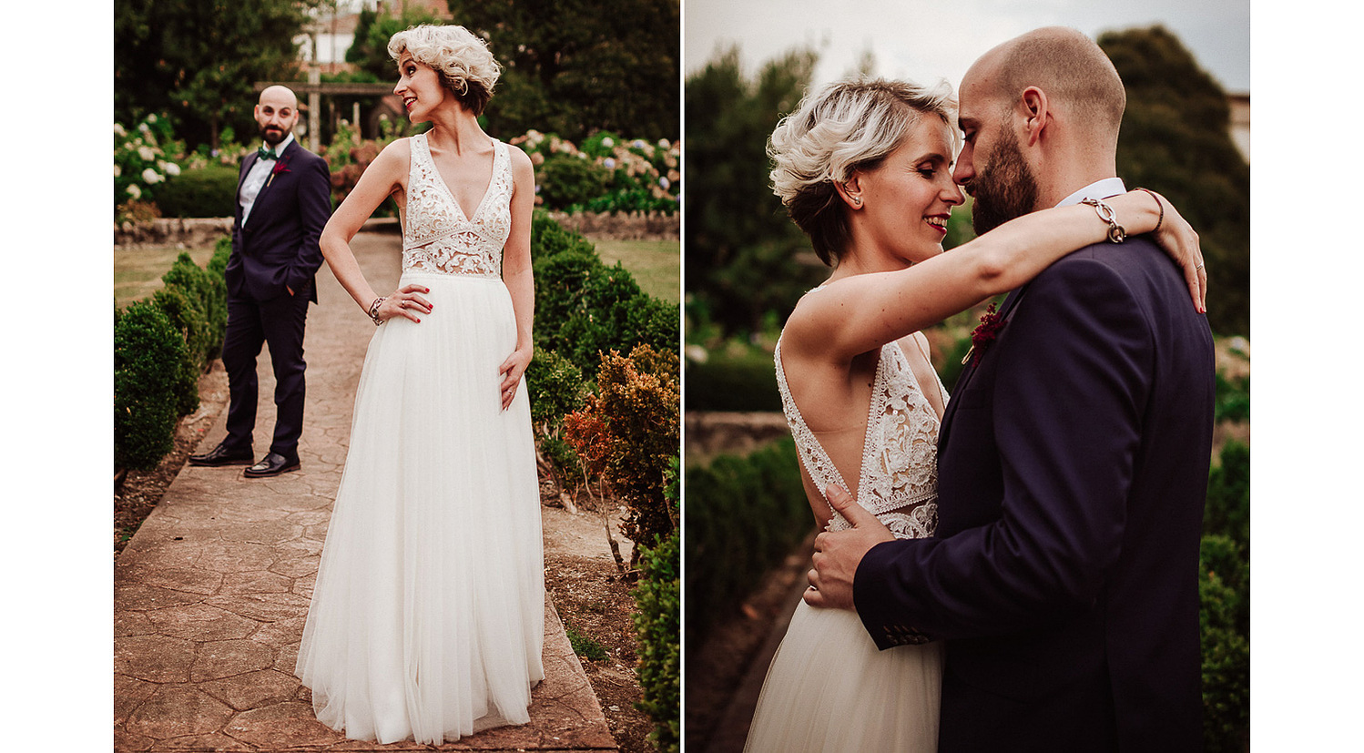 Reportaje de novios en Galicia después de la boda en jardin  en Castro do Balneario