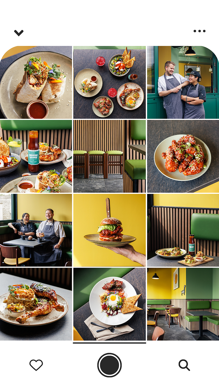 Mockup of Social Media Instagram feed featuring a full content day for cafe and restaurant scheduled for social media. SMM available for hospitality clients in Limerick, Clare, Cork, Tipperary