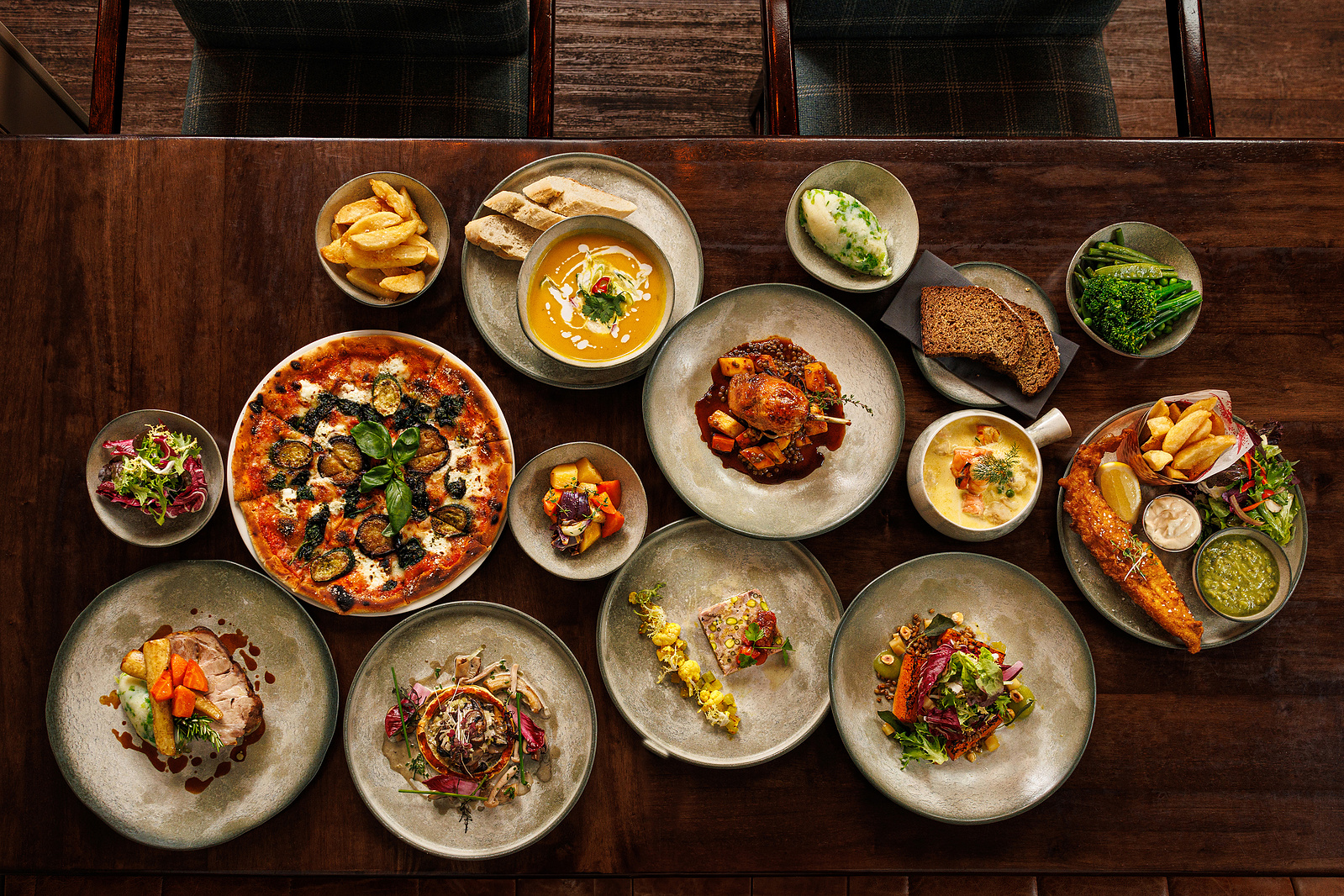 Flatlay photography of a selection of dishes at The Fig Tree Restaurant at Dromoland Castle