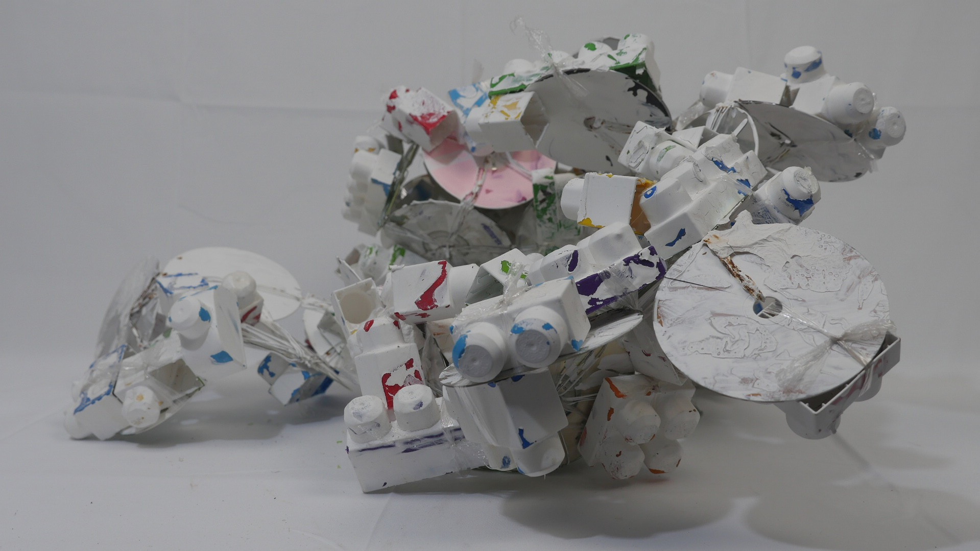 CDs, wire, paint, mod podge, legos, plastic wrap
20" x 38" x 28"