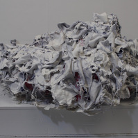 CDs, wire, paint, mod podge, fabric. 25" x 42" x 31"