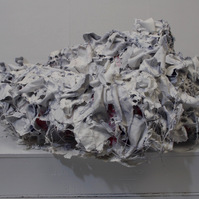 CDs, wire, paint, mod podge, fabric. 25" x 42" x 31"