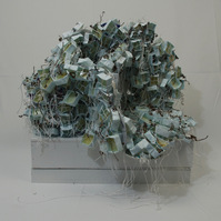 CDs, paint, mod podge, paper, vine, jump rings, string, wire
38" x 32" x 32"
