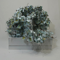 CDs, paint, mod podge, paper, vine, jump rings, string, wire
38" x 32" x 32"