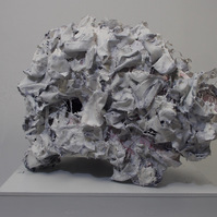 CDs, wire, paint, mod podge, fabric. 25" x 42" x 31"