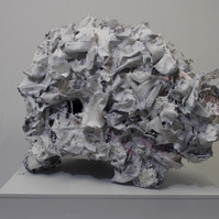 CDs, wire, paint, mod podge, fabric. 25" x 42" x 31"