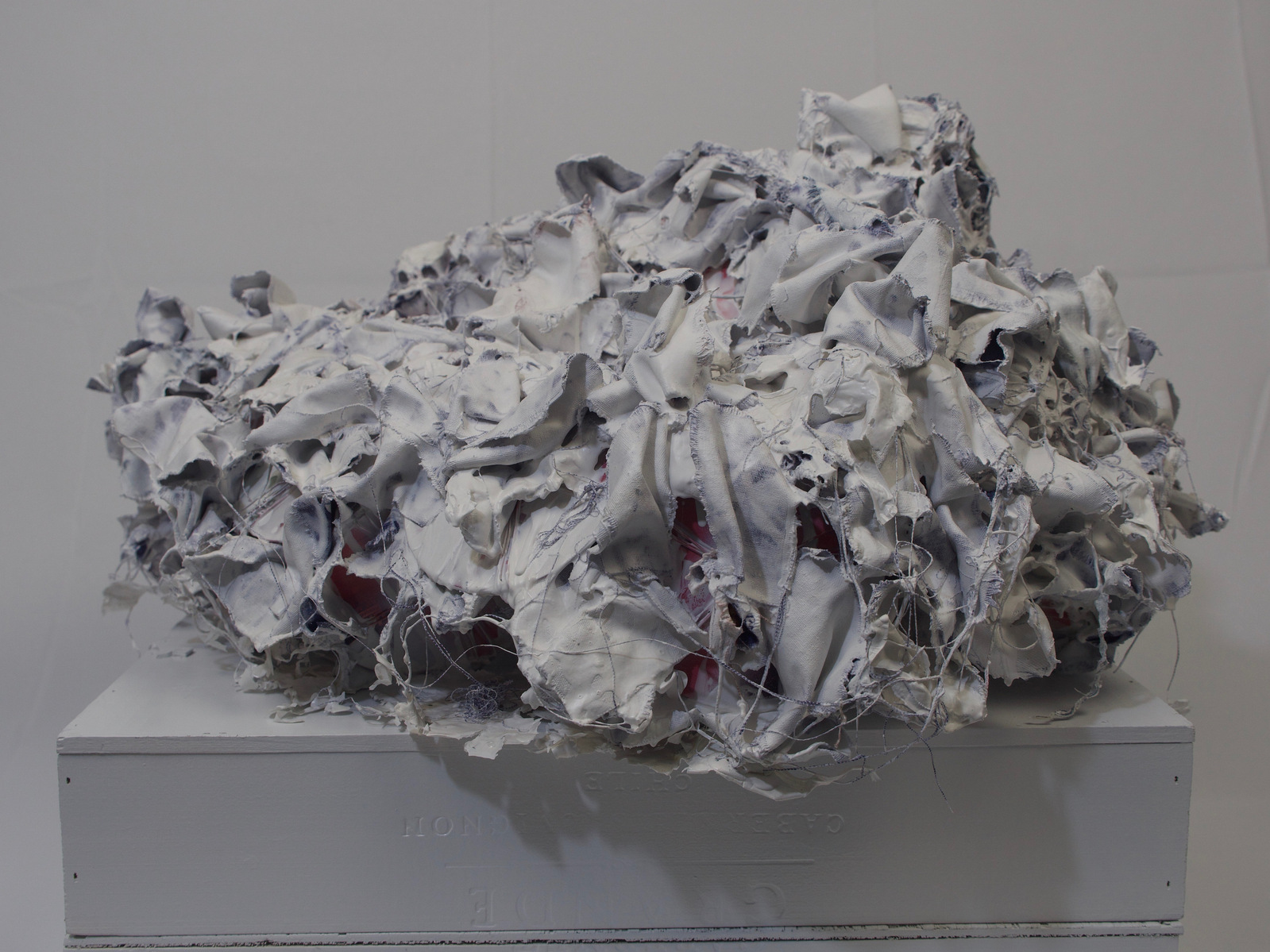 CDs, wire, paint, mod podge, fabric. 25" x 42" x 31"