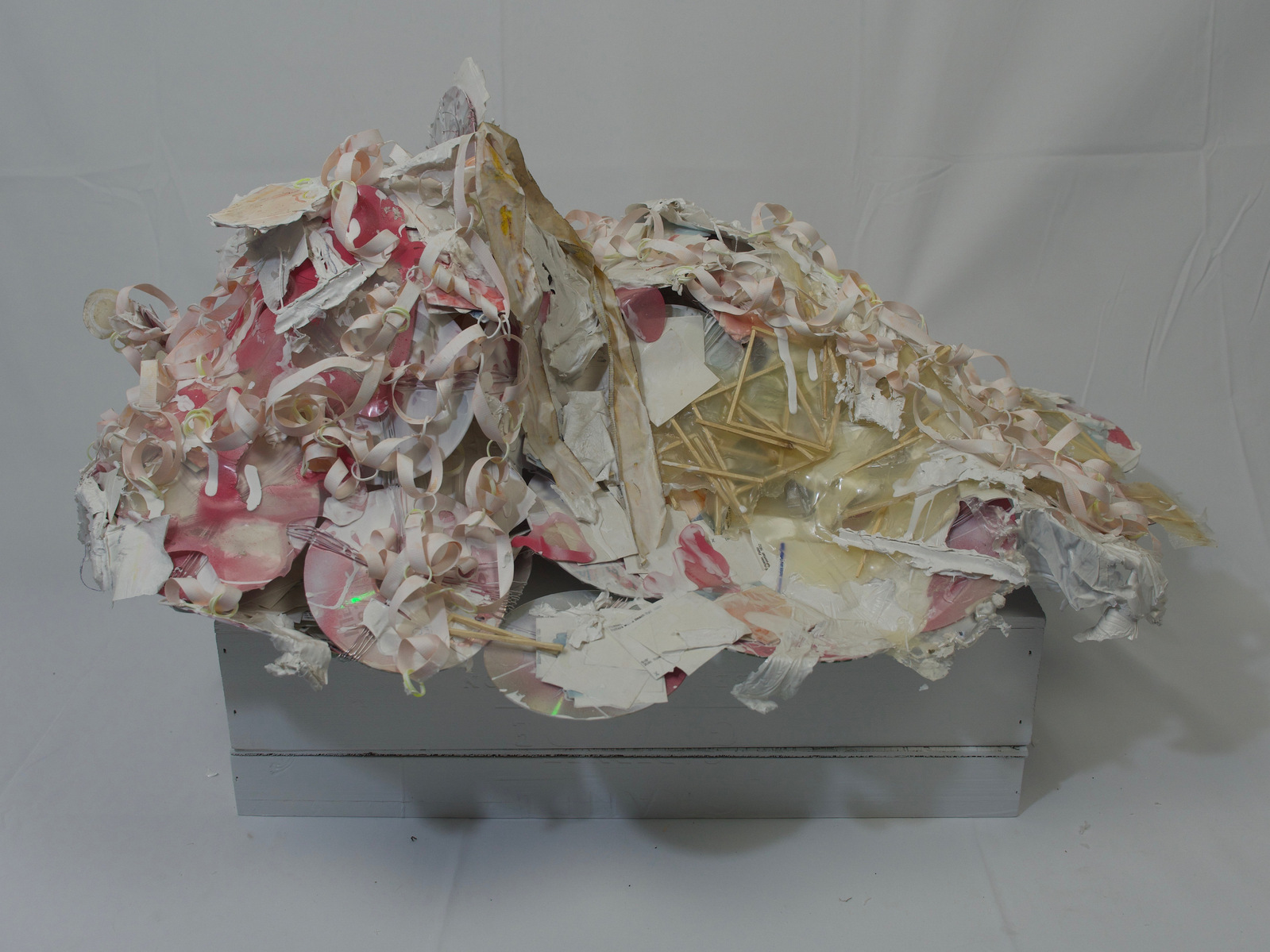 CDs, paint, modge podge, string, rubber bands, cards, sticks
22" x 46" x 32"