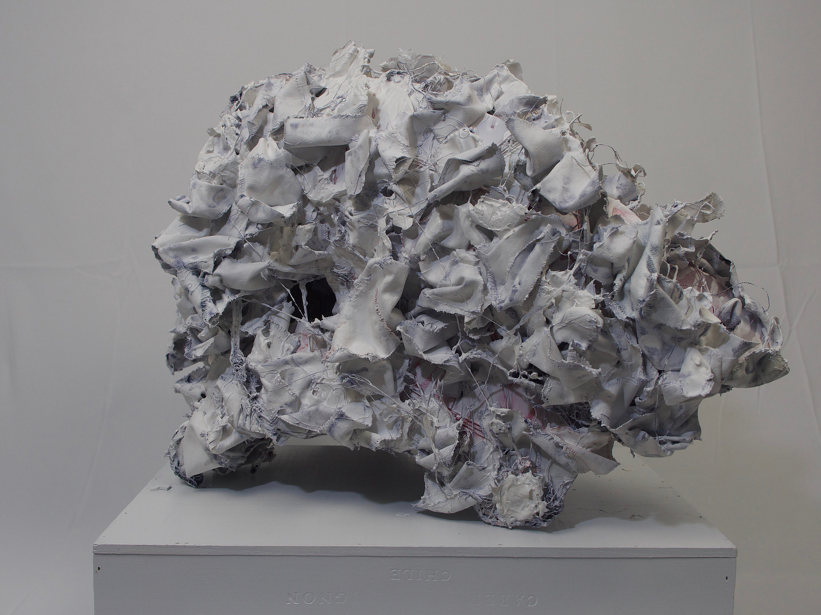 CDs, wire, paint, mod podge, fabric. 25" x 42" x 31"