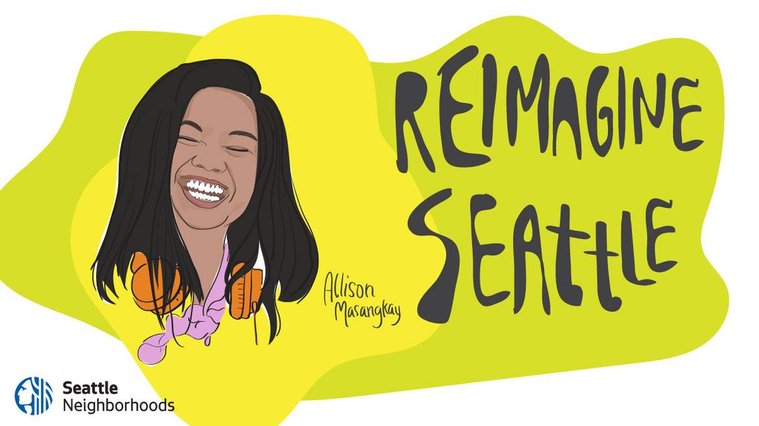 Illustration of Allison smiling with headphones and a pink bandana tied around their neck with the text 