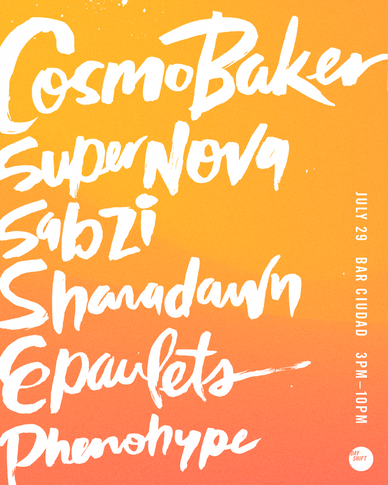Promo image for Day Shift part on July 29, 2018 at Bar Ciudad. White text listing artist names over orange and pink gradient background.