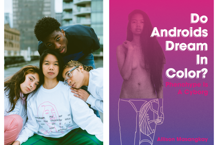 On left, a photograph of Phenohype (center) with Moonyeka, Jinji, and Kunle. On right, front cover of the book Do Androids Dream In Color?