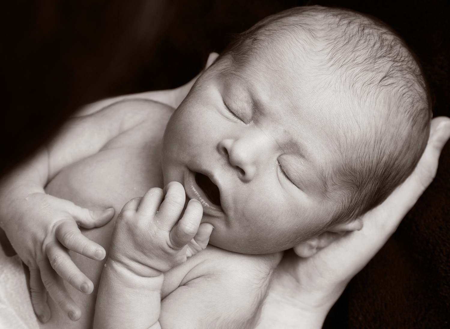 Professional portrait photo of a newborn baby being cradled in Father's hands in a family photography studio Dublin black background