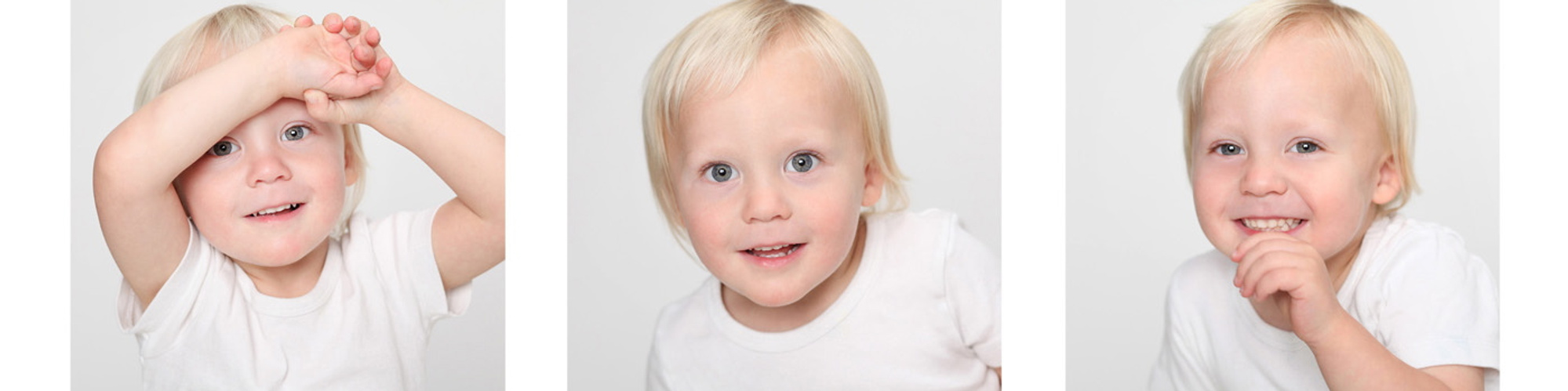 Collage of 3 Head and shoulders portraits of a young male child with blonde hair in a professional family photography studio in Dublin white background