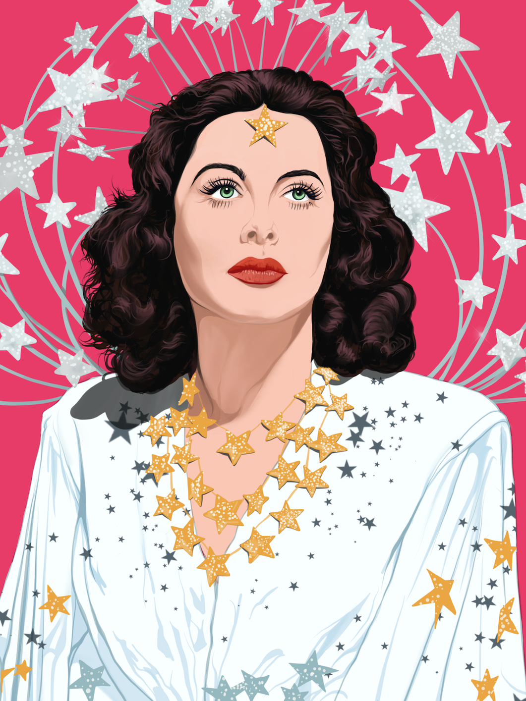 An illustration by Ryan Hodge of female Hollywood actor and inventor, Hedy Lamarr.  She is shown wearing a white dress covered in metallic star on a bright pink background.  She has a star on her forehead and stars in the background. 
