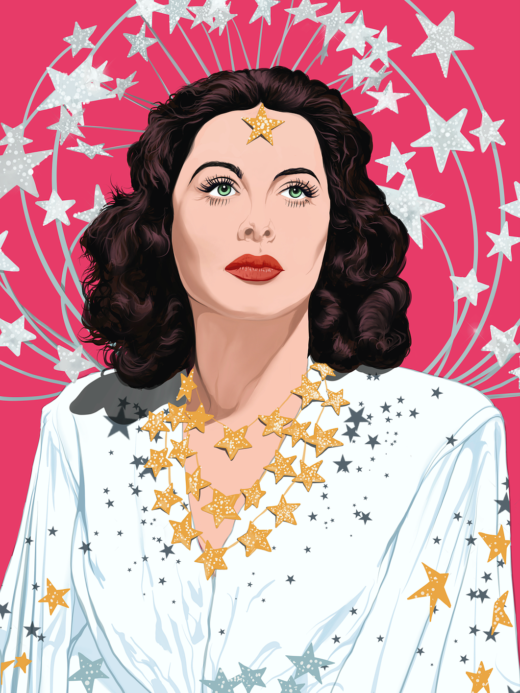 An illustration by Ryan Hodge of female Hollywood actor and inventor, Hedy Lamarr.  She is shown wearing a white dress covered in metallic star on a bright pink background.  She has a star on her forehead and stars in the background. 
