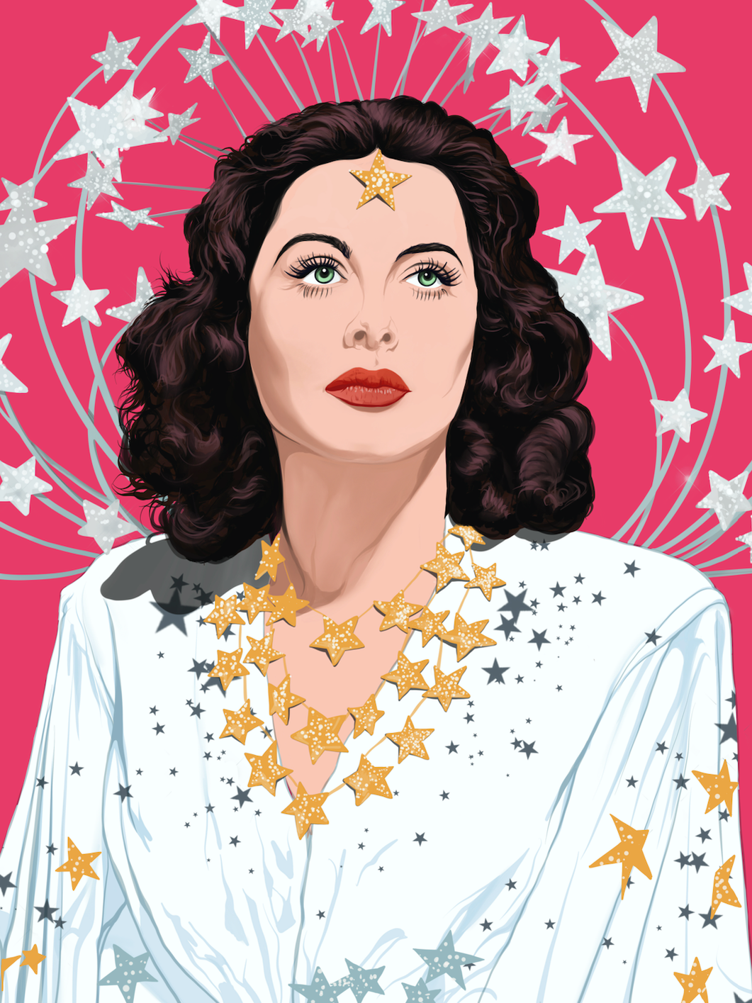 An illustration by Ryan Hodge of female Hollywood actor and inventor, Hedy Lamarr.  She is shown wearing a white dress covered in metallic star on a bright pink background.  She has a star on her forehead and stars in the background. 
