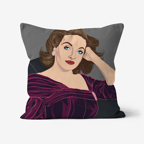 Faux Suede Throw Cushion Featuring a portrait of Bette Davis from the film All about Eve by Ryan hodge illustration.  grey background.  Available in three sizes. 