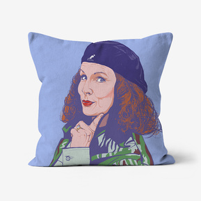 Faux suede throw cushion featuring a portrait of Edina Monsoon with catch phrase 