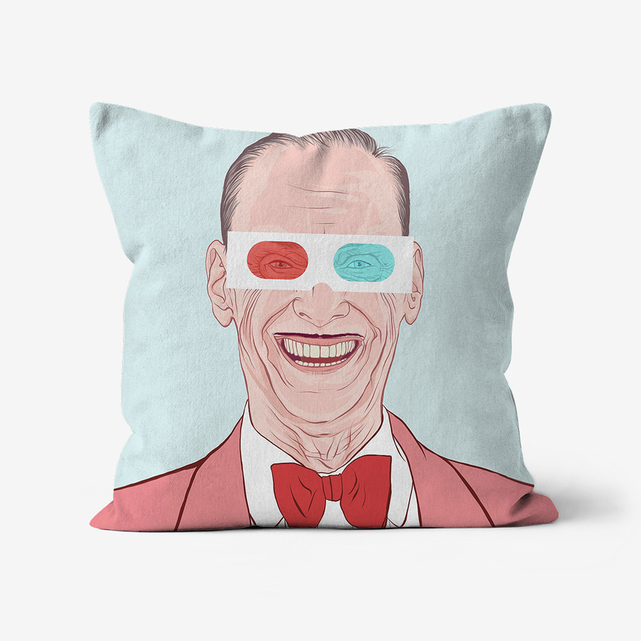 Faux suede throw cushion featuring a portrait of John Waters wearing 3D glasses by Ryan Hodge illustration.  Available in various sizes.  