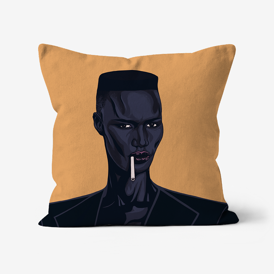 Faux Suede Throw Cushion Featuring a portrait of Grace Jones from the Nightclubbing album by Ryan hodge illustration.  Yellow background, smoking.  Available in three sizes. 