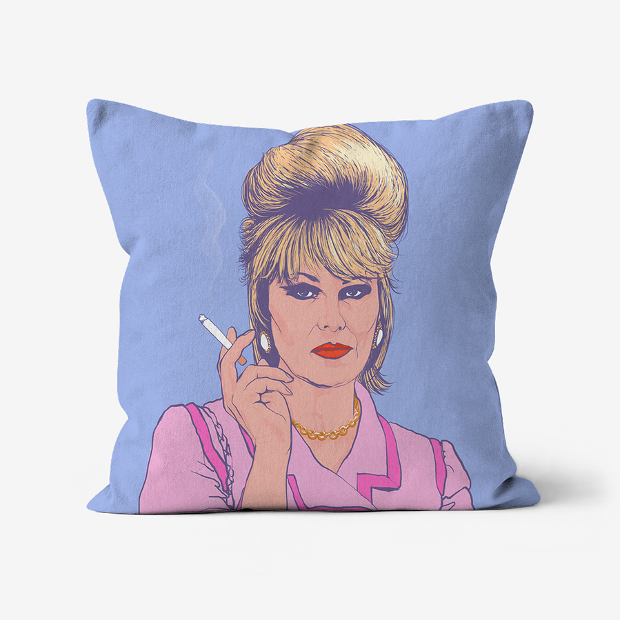 Faux suede throw cushion featuring a portrait of Patsy Stone with text on reverse 'Bolli?' by Ryan Hodge illustration.  Available in various sizes.  