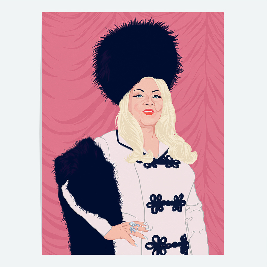 Hollywood blonde bombshell and writer Mae West, a master of the double entrendre who revolutionised female sexuality. A portrait by Ryan Hodge illustration based on the film Myra Breckinridge. A4, A3, A2, A1 sizes frame and print only.