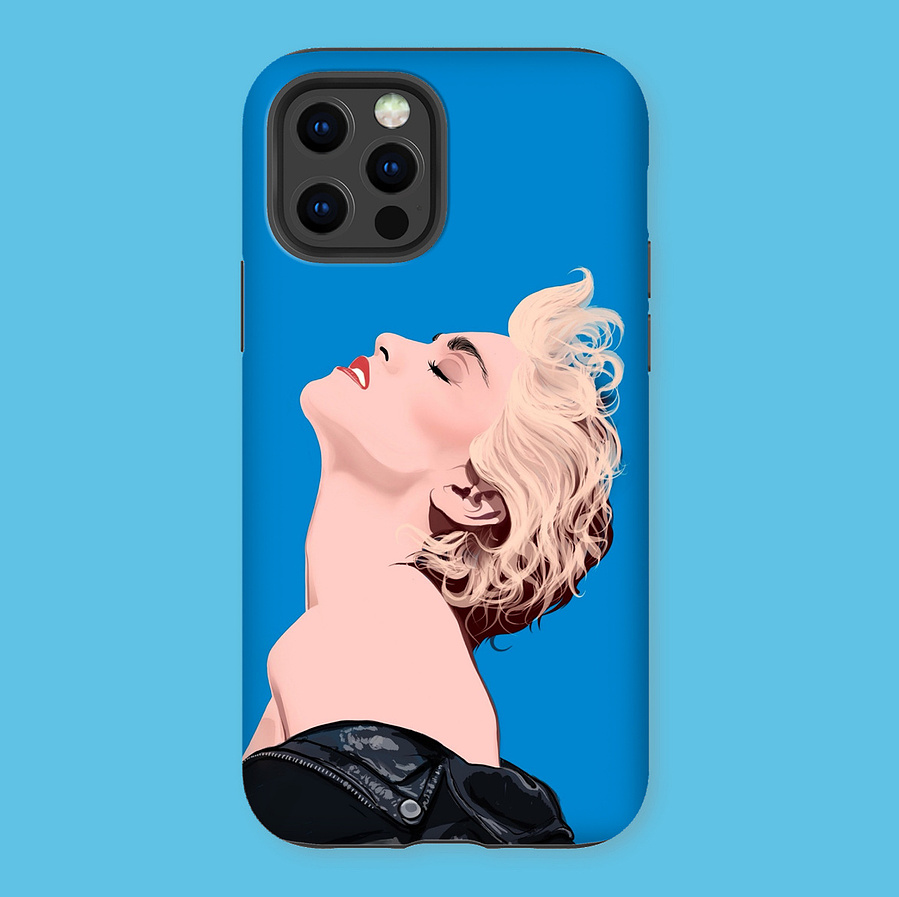 Illustration of Madonna, artwork by  Ryan Hodge illustration.  Inspired by the 1986 album True Blue. Queen of pop fan art.  International shipping. Featured as a mobile phone case, all major models including iPhone and Samsung.