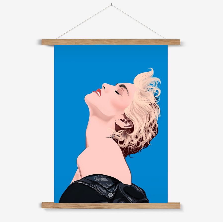 Fine art giclée print of Madonna, artwork by  Ryan Hodge illustration.  Inspired by the 1986 album True Blue. Queen of pop fan art.  International shipping. Multiple sizes available and well art options. Shown with magnetic wooden art hanger . 