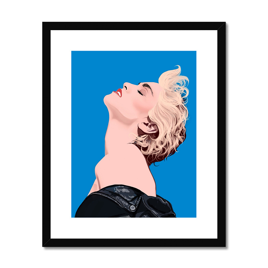 Framed fine art giclée print of Madonna, artwork by  Ryan Hodge illustration.  Inspired by the 1986 album True Blue. Queen of pop fan art.  International shipping. Multiple sizes available and well art options. White, black and natural wood frames. 