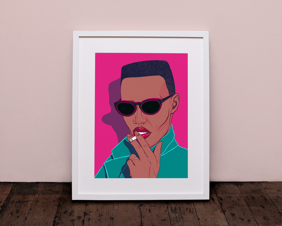 Grace Jones Smoking cigarette - fine art print with optonal framing - artwork by Ryan Hodge  illustration.  Bright pink background, teal jacket & Sunglasses 