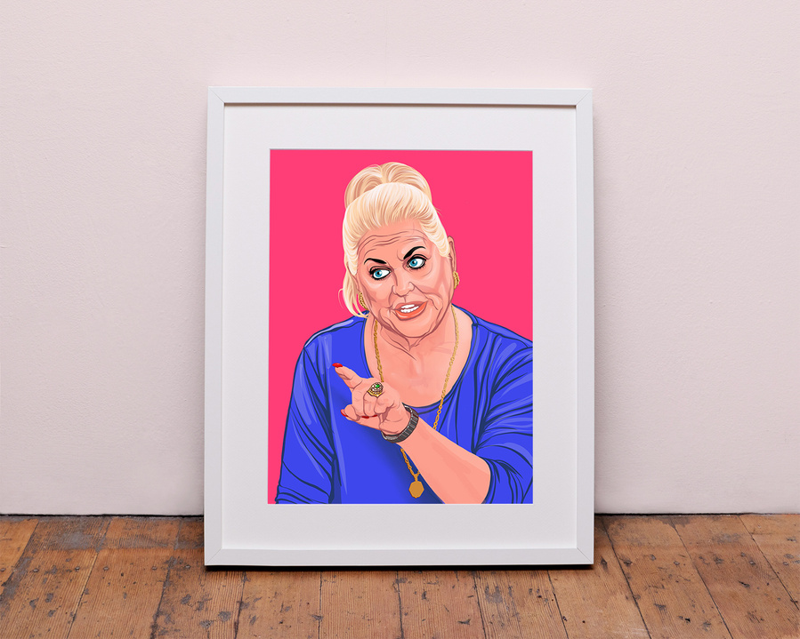 Kim Woodburn celebrity cleaner and reality TV personality.  Illustration by Ryan Hodge.  Available in sizes A4, A3, A2 - Framed and print only. 
