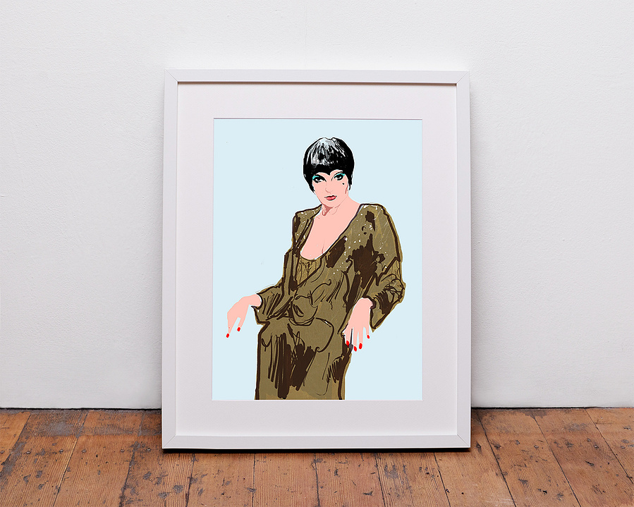 A fine art print of Liza Minnelli as Sally Bowles in Cabaret by Ryan Hodge illustration. Actor, singer, dancer, choreographer and gay icon. Available in sizes A4, A3 & A2 framed or print only. 