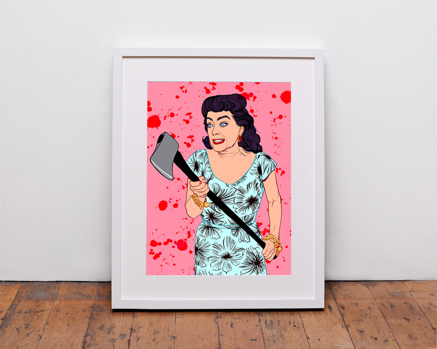 Joan Crawford Fine art giclée print by Ryan Hodge illustration.  Inspired by the film Strait Jacket Available in sizes A4, A3 and A2.  Framed and print only versions.  