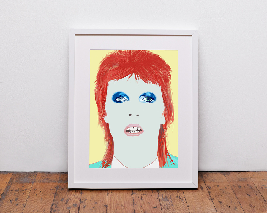 David Bowie portrait as Ziggy Stardust by Ryan Hodge illustration.  Inspired by the music video for 'Life on Mars'.  A fine art gicée print available in sizes A4, A3, A2 & A1 framed or print only. 