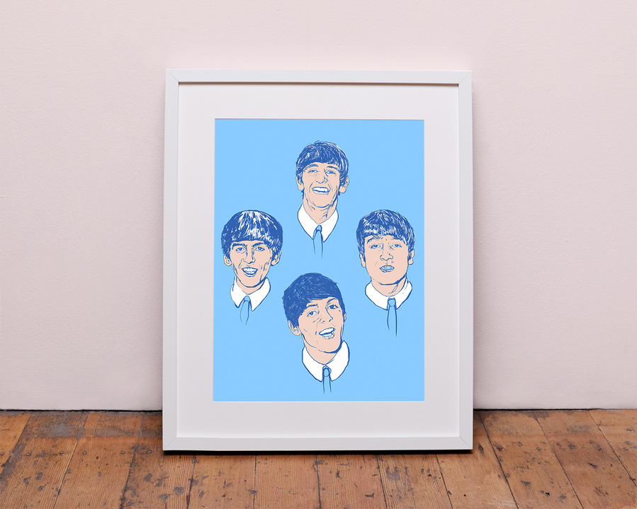 The Beatles - John Lennon, Paul McCartney, Ringo Star & George Harrisson.   Artwork by Ryan Hodge illustration.  Fine art giclée print available in sizes A4, A3 & A2, framed or print only.