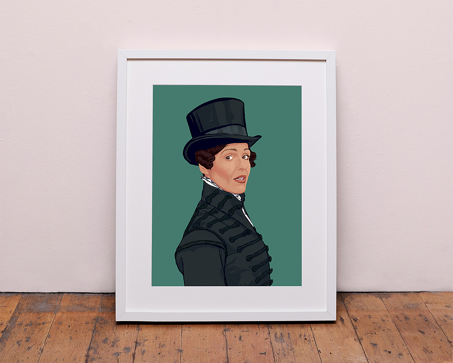 Fine art giclée print of Suranne Jones as Anne Lister "Gentleman Jack".  Artwork by Ryan Hodge illustration.  Available in sizes A4, A3 and A2.  Framed and print only versions.  