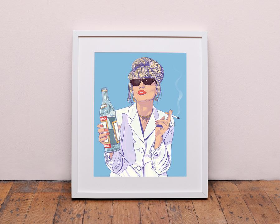A portrait of the Absolutely Fabulous Patsy Stone played by Dame Joanna Lumley.   She is smoking holding a bottle of Stoli vodka. Art by Ryan Hodge illustration. The fine art giclée print is available in sizes A4, A3 & A2, framed or print only.