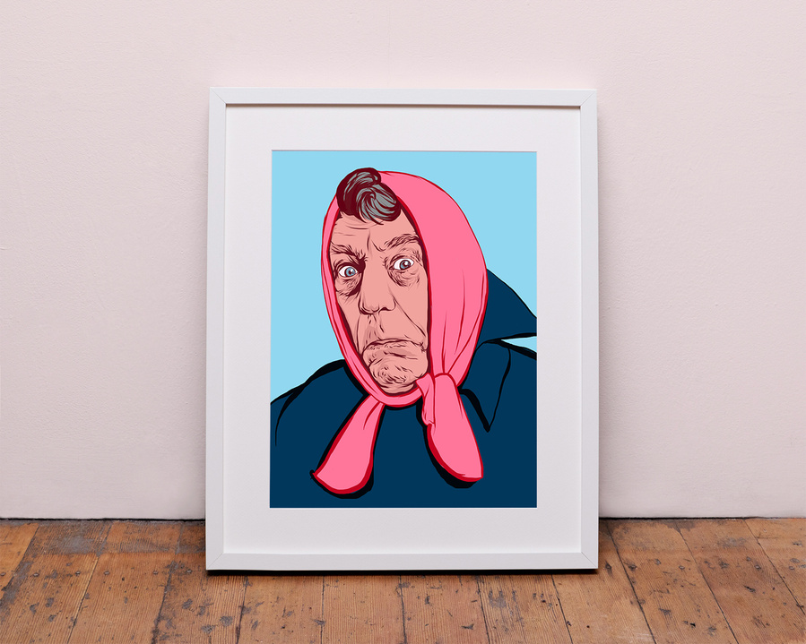 A portrait of Terry Jones dressed as an old lady. He is one of the mighty Monty Pythons comedy group by Ryan Hodge illustration.  Comedian and national treasure. The fine art giclée print is available in sizes A4, A3 & A2, framed or print only.