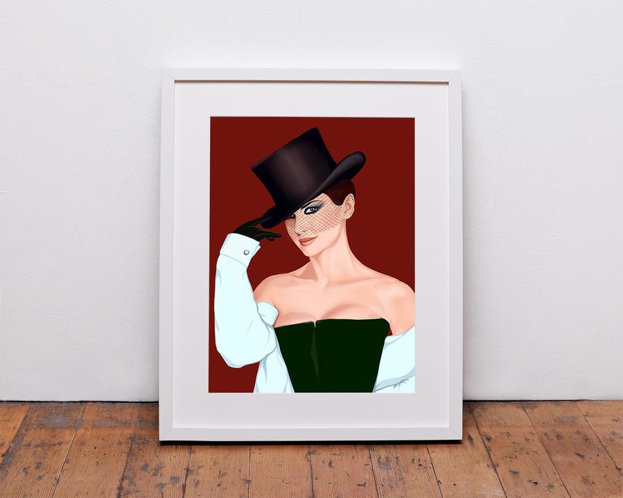 This Shania Twain fine art print by Ryan Hodge illustration is inspired by the Man I Feel Like A Woman single.  Sporting top hat and man's shirt.  She is a gay icon and is inspirational to millions of fans around the world.  A4, A3 A2, A1.