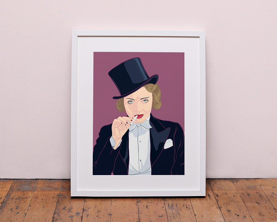 Hollywood actor Marlene Dietrich in the film 'Morocco'. She's smoking a cigarette, wearing a tuxedo hat & suit.  A portrait by Ryan Hodge illustration. A4, A3, A2, A1 sizes framed and print only. 