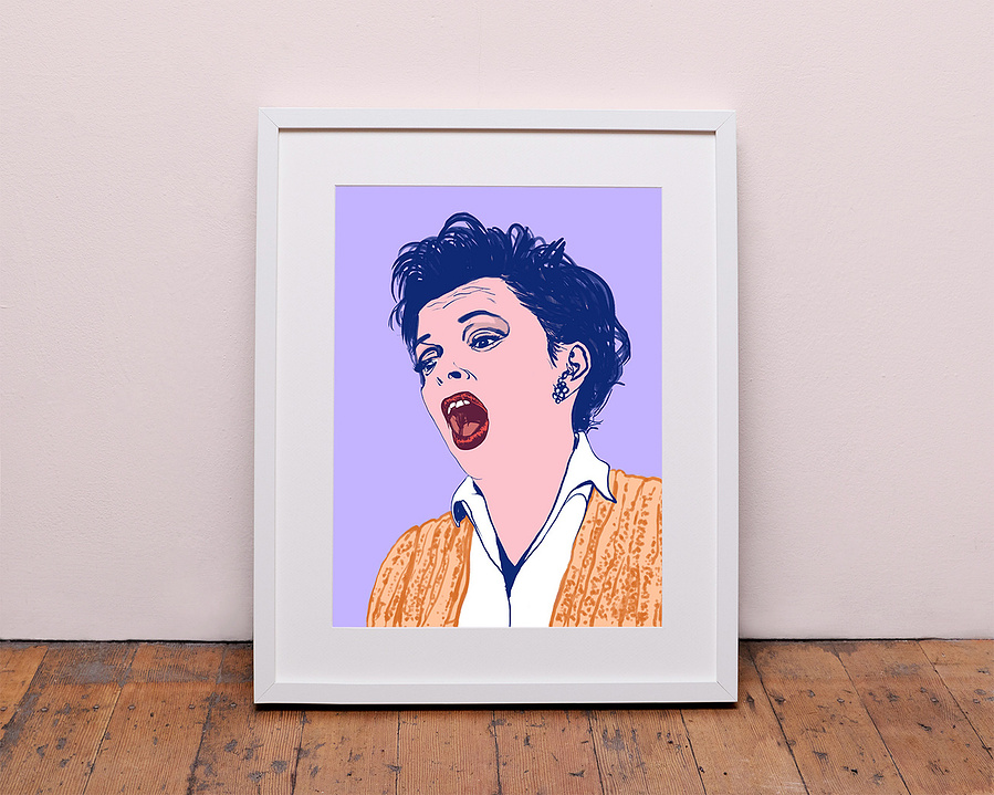 Fine art giclée print of gay icon Judy Garland. Screenprit inspired  artwork by Ryan Hodge illustration.  Available in sizes A4, A3 and A2.  Framed and print only versions.  
