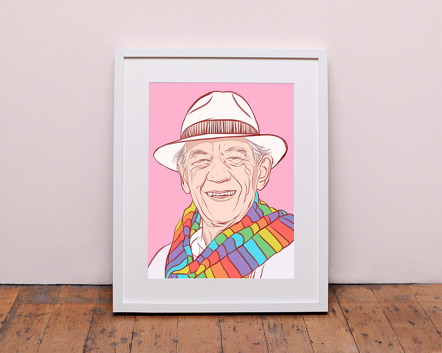 A portrait of Sir Ian McKellen by Ryan Hodge illustration.  Star of stage and screen, master of Shakespeare. The fine art giclée print is available in sizes A4, A3 & A2, framed or print only.