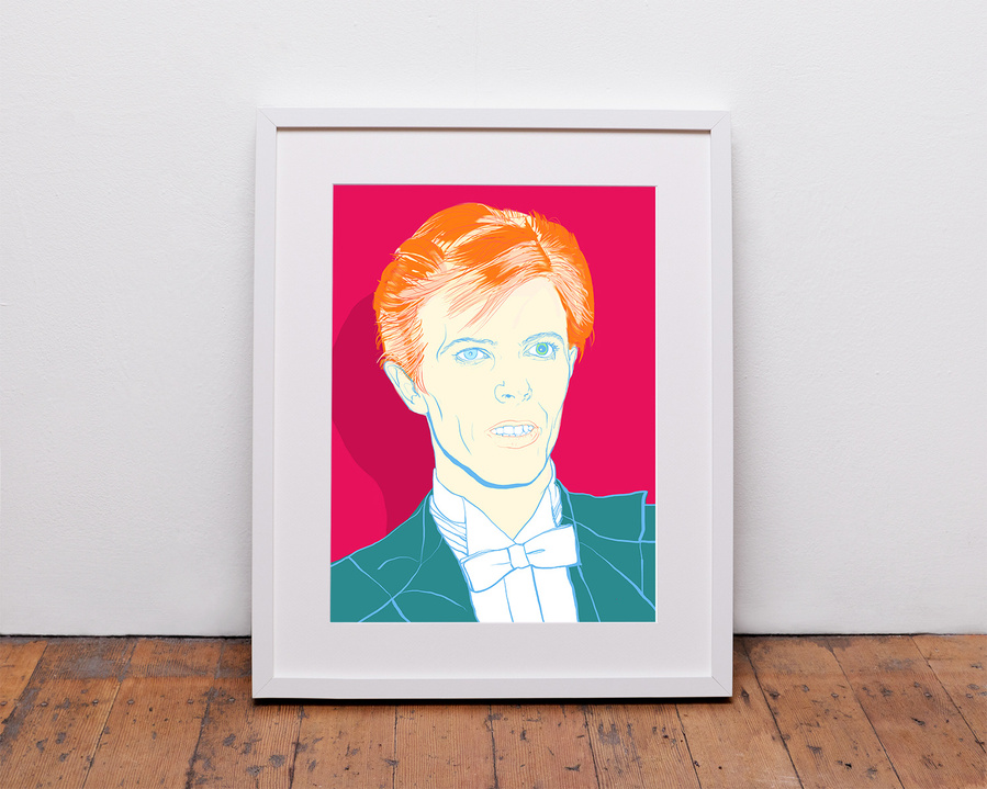 David Bowie portrait as the Thin White Duke by Ryan Hodge illustration.  Inspired by a photo taken at the 17th Annual Grammy Awards.  A fine art gicée print available in sizes A4, A3 & A2, framed or print only. Red and yellow option. 