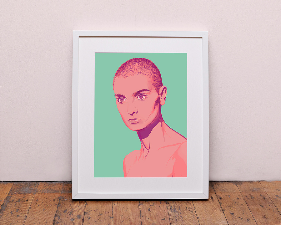 Dublin Born Sinead Marie Bernadette O'Connor born 8 December 1966 – 26 July 2023.  Singer songwriter and political campaigner.  Giclée art print with optional framing. Available in sizes A4, A3 & A2. Artwork by Ryan Hodge illustration.